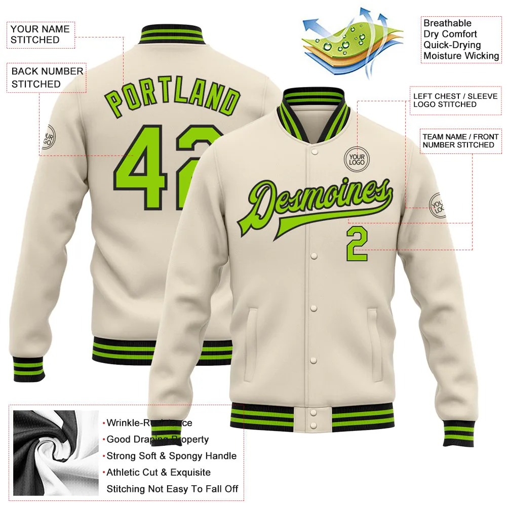 Custom Cream Neon Green-Black Bomber Full-Snap Varsity Letterman Jacket