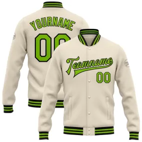 Custom Cream Neon Green-Black Bomber Full-Snap Varsity Letterman Jacket