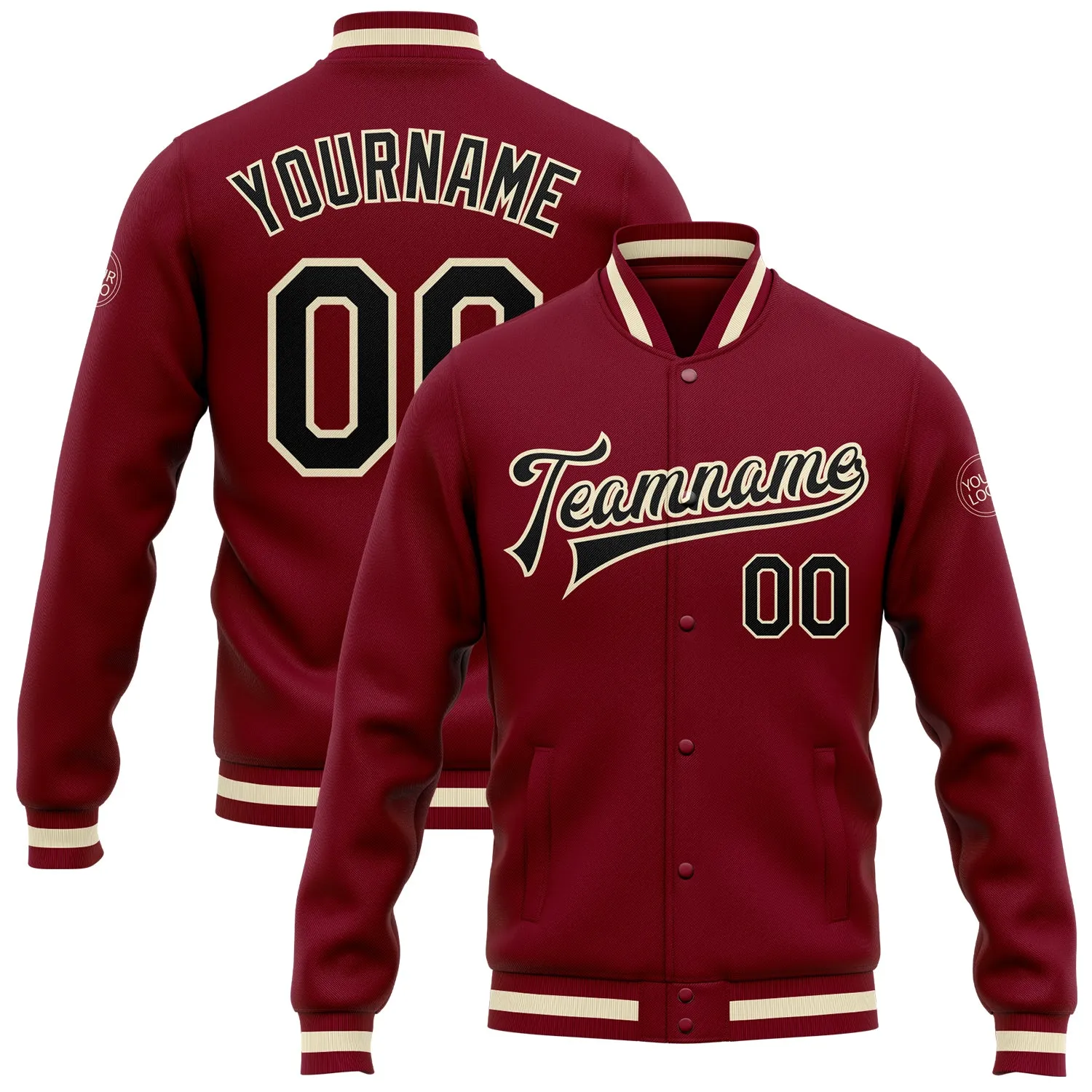 Custom Crimson Black Cream-Maroon Bomber Full-Snap Varsity Letterman Jacket