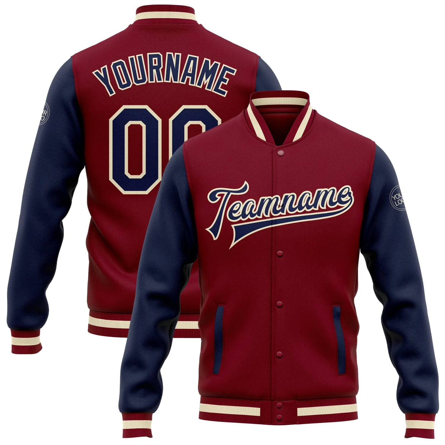 Custom Crimson Navy-Cream Bomber Full-Snap Varsity Letterman Two Tone Jacket