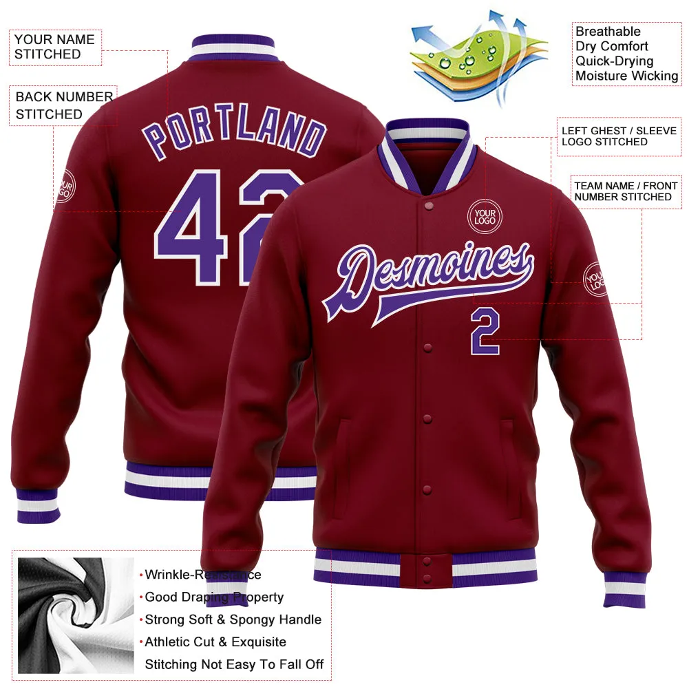 Custom Crimson Purple-White Bomber Full-Snap Varsity Letterman Jacket