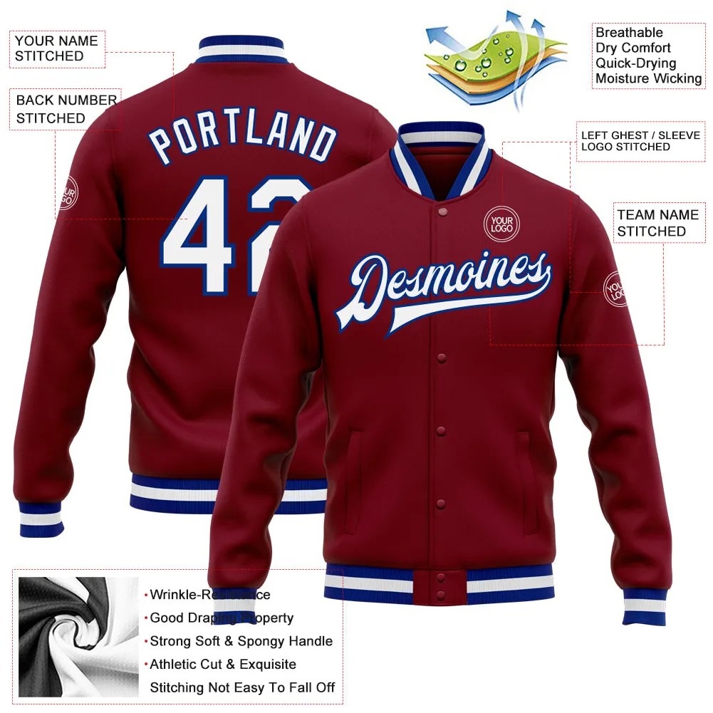 Custom Crimson White-Royal Bomber Full-Snap Varsity Letterman Jacket