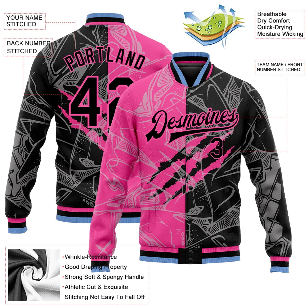 Custom Graffiti Pattern Black Pink-Light Blue Scratch 3D Bomber Full-Snap Varsity Letterman Jacket