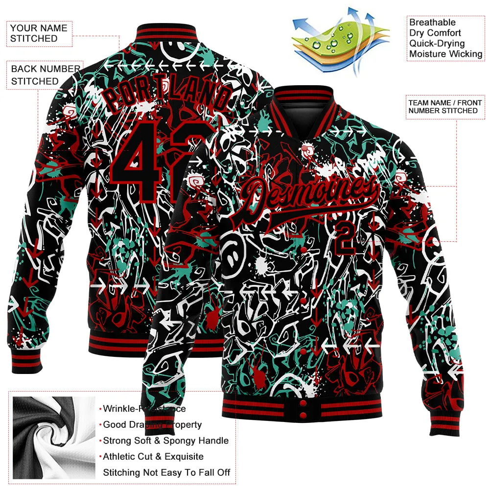 Custom Graffiti Pattern Black-Red Abstract Grunge Art 3D Bomber Full-Snap Varsity Letterman Jacket