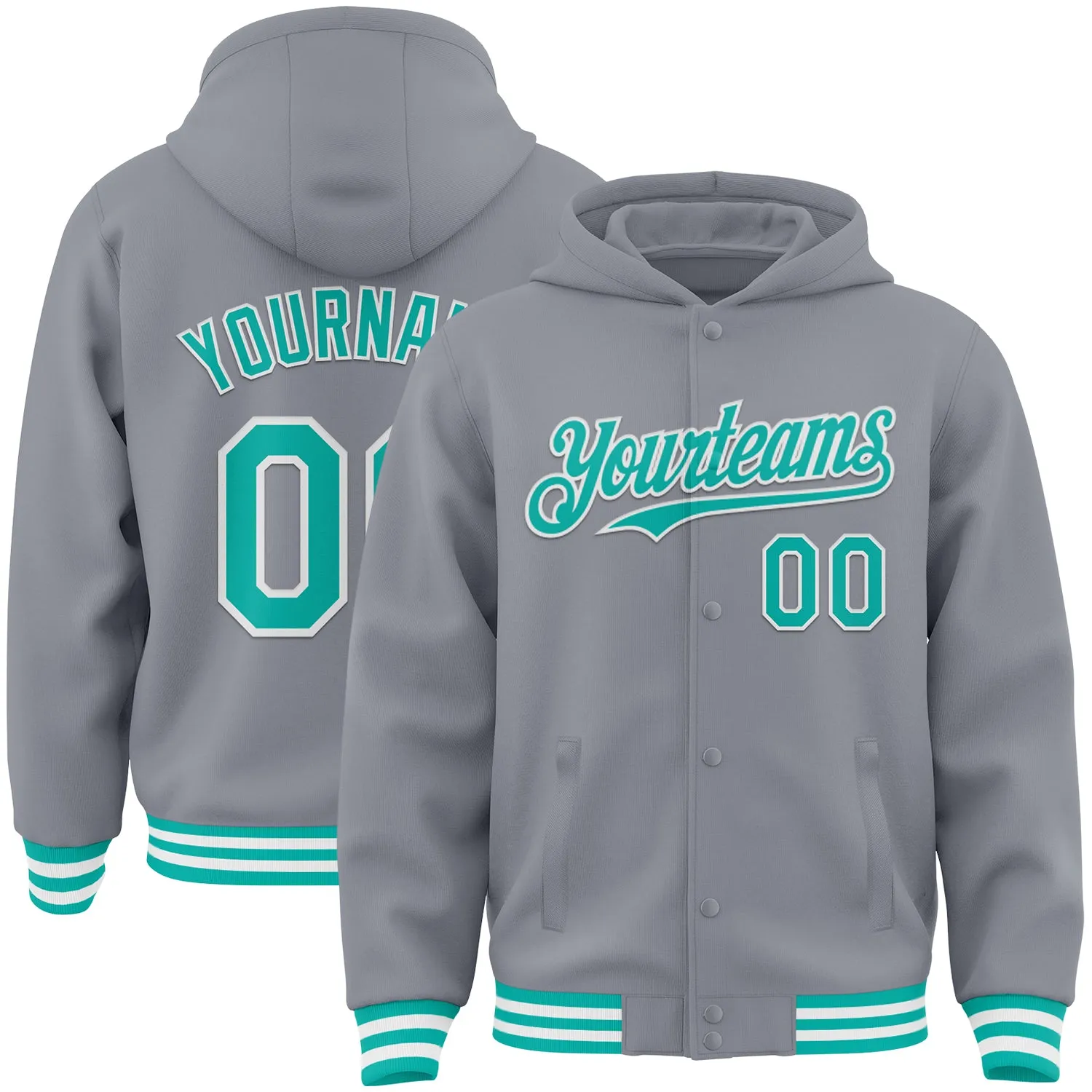 Custom Gray Aqua-White Bomber Full-Snap Varsity Letterman Hoodie Jacket