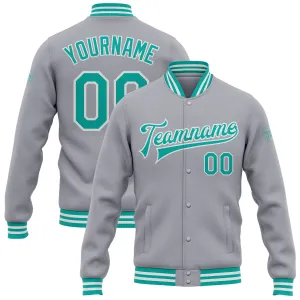 Custom Gray Aqua-White Bomber Full-Snap Varsity Letterman Jacket