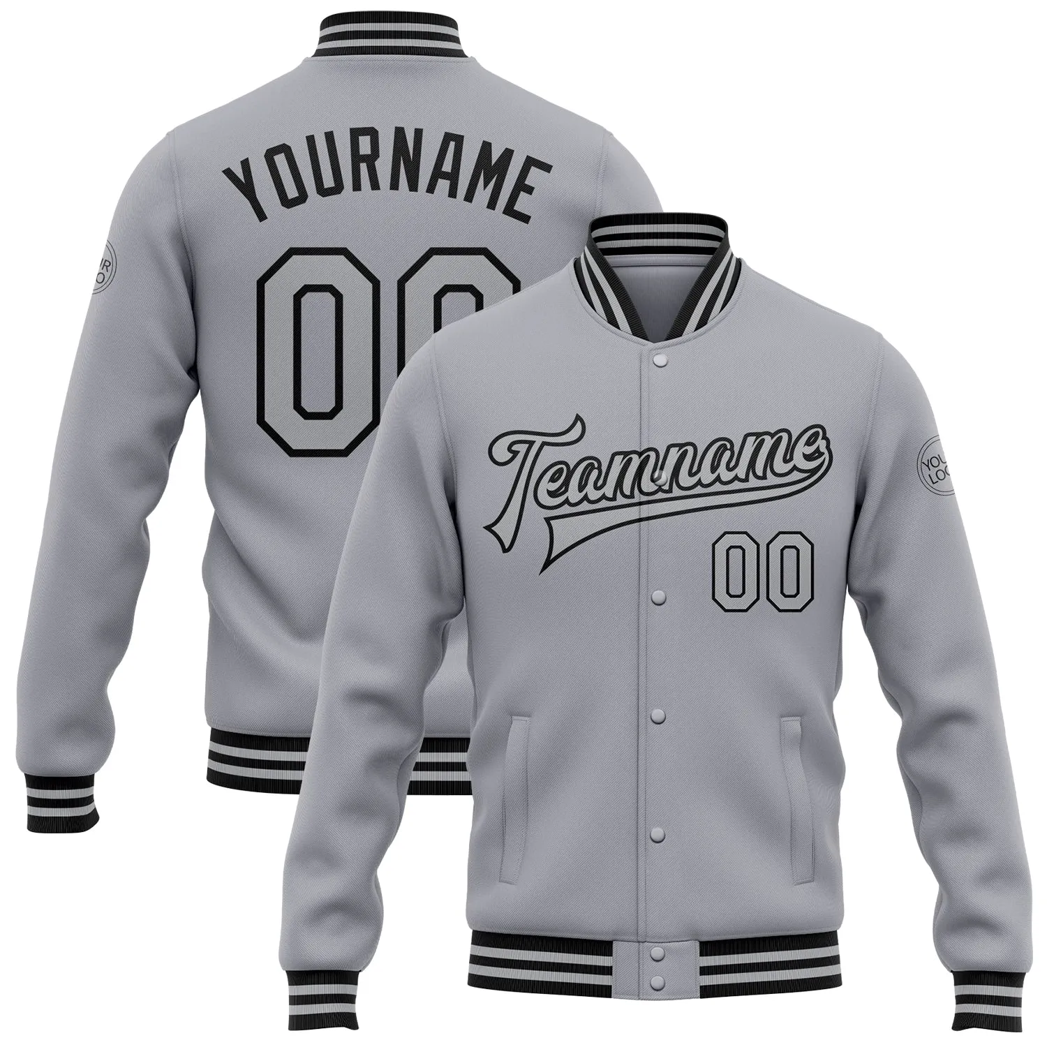 Custom Gray Black Bomber Full-Snap Varsity Letterman Jacket