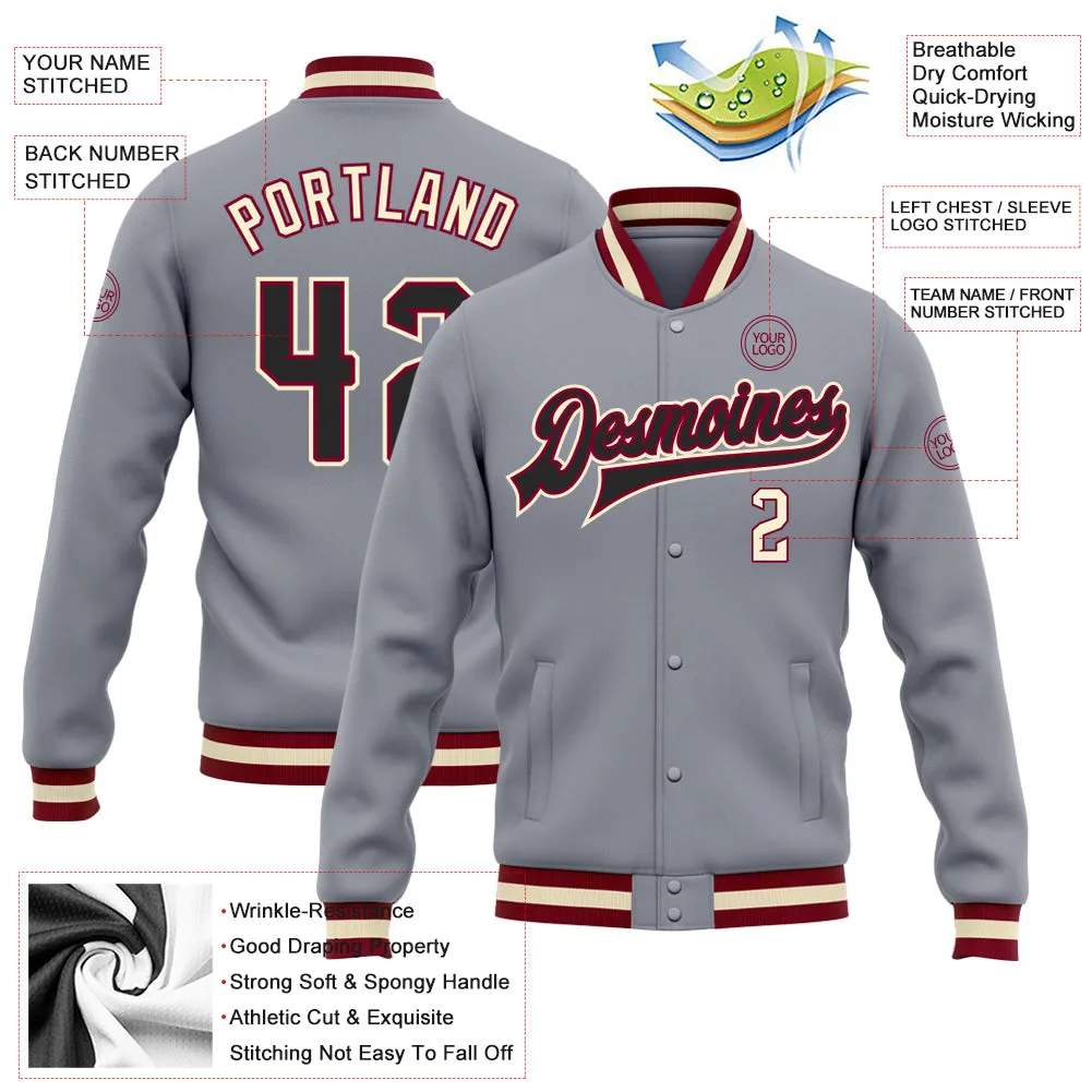 Custom Gray Black Maroon-Cream Bomber Full-Snap Varsity Letterman Jacket