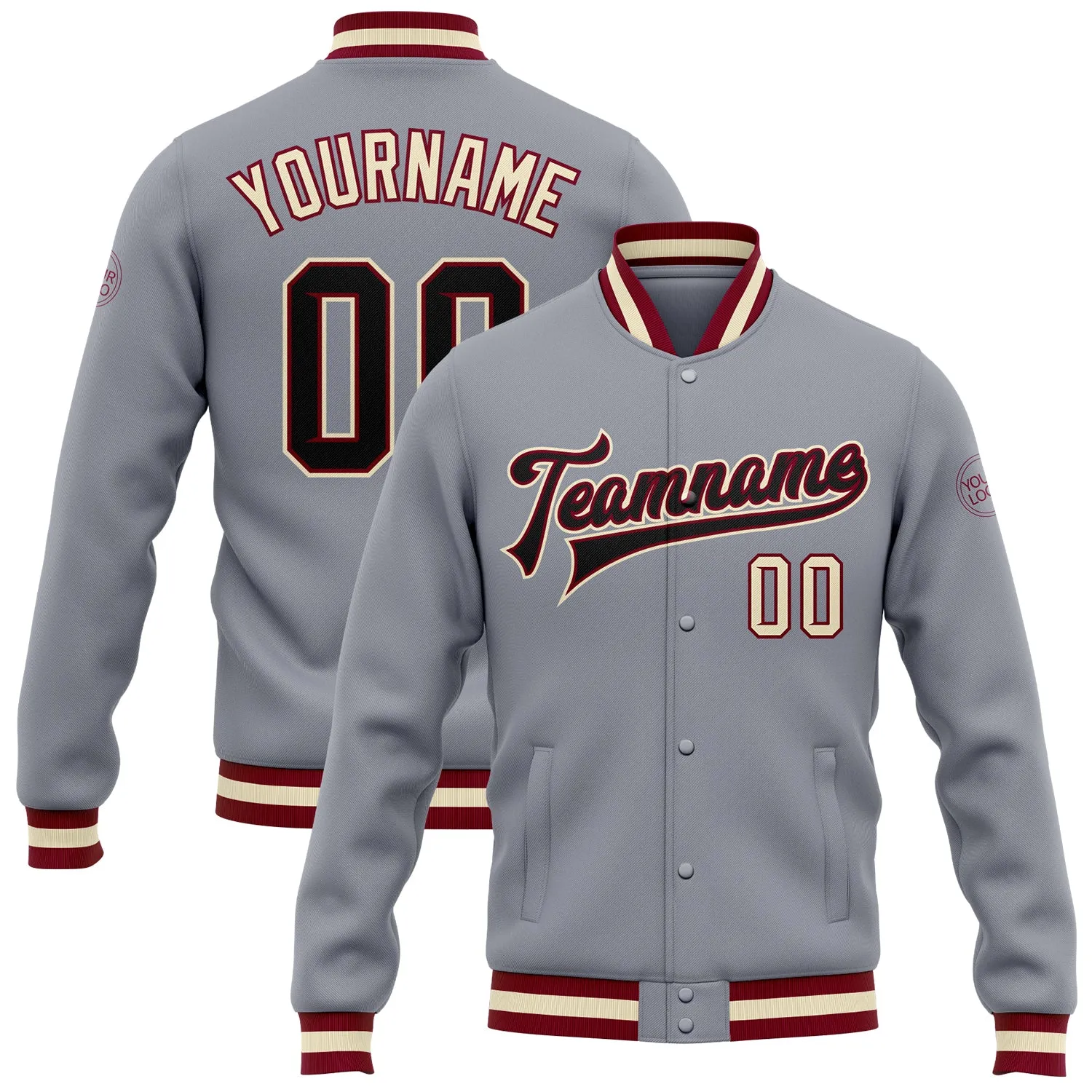 Custom Gray Black Maroon-Cream Bomber Full-Snap Varsity Letterman Jacket