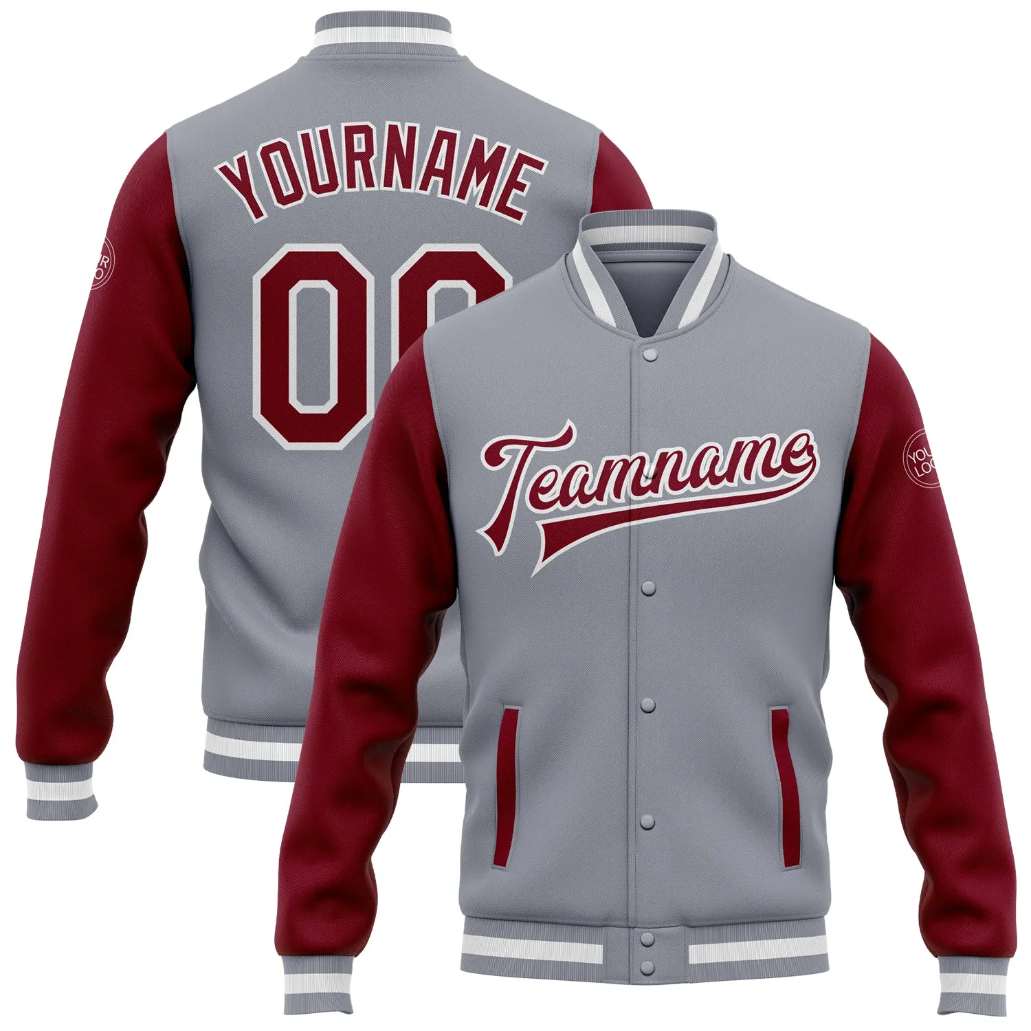 Custom Gray Crimson-White Bomber Full-Snap Varsity Letterman Two Tone Jacket