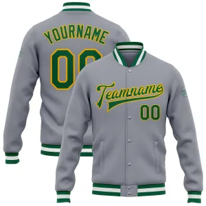 Custom Gray Kelly Green-Gold Bomber Full-Snap Varsity Letterman Jacket