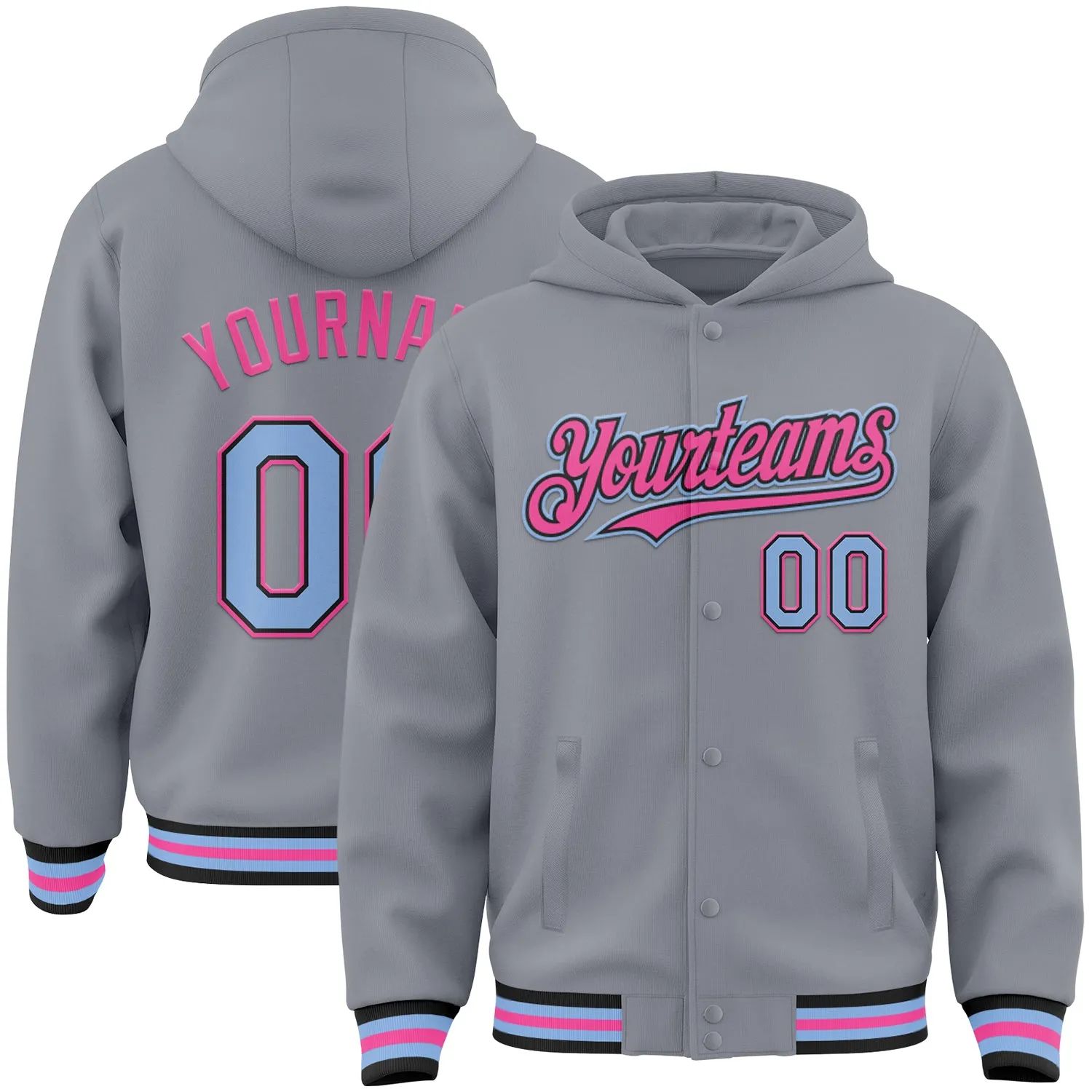 Custom Gray Light Blue Black-Pink Bomber Full-Snap Varsity Letterman Hoodie Jacket