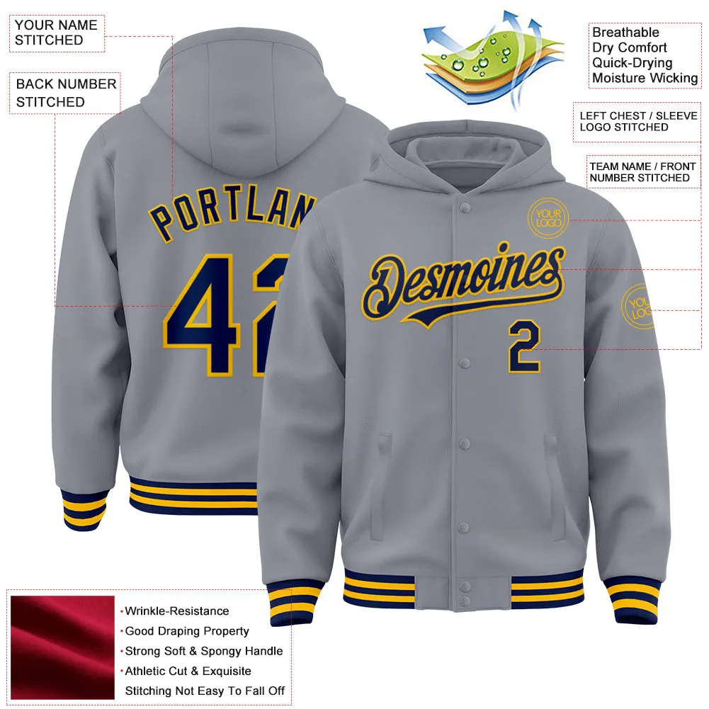 Custom Gray Navy-Gold Bomber Full-Snap Varsity Letterman Hoodie Jacket