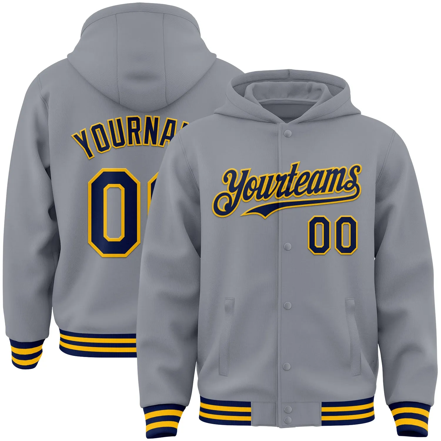 Custom Gray Navy-Gold Bomber Full-Snap Varsity Letterman Hoodie Jacket