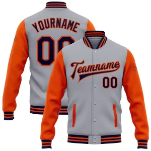 Custom Gray Navy-Orange Bomber Full-Snap Varsity Letterman Two Tone Jacket