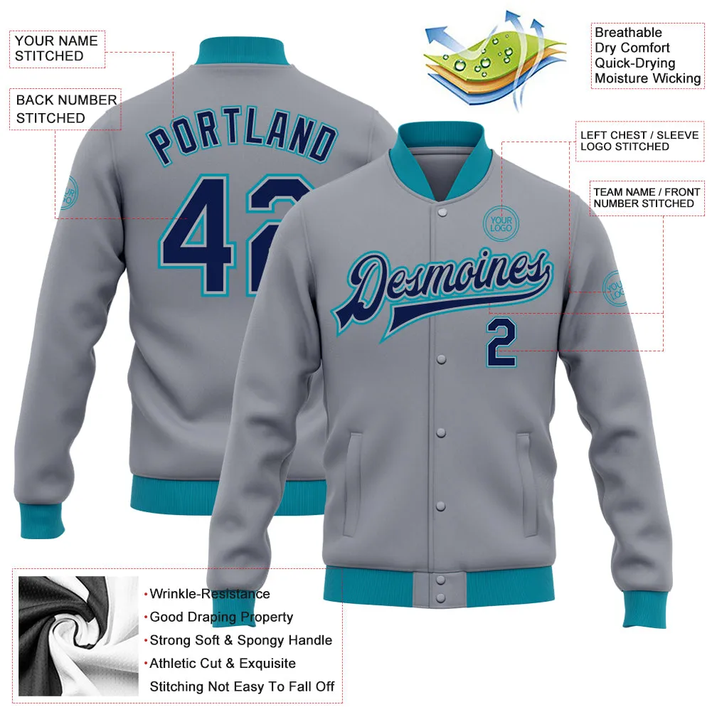 Custom Gray Navy-Teal Bomber Full-Snap Varsity Letterman Jacket