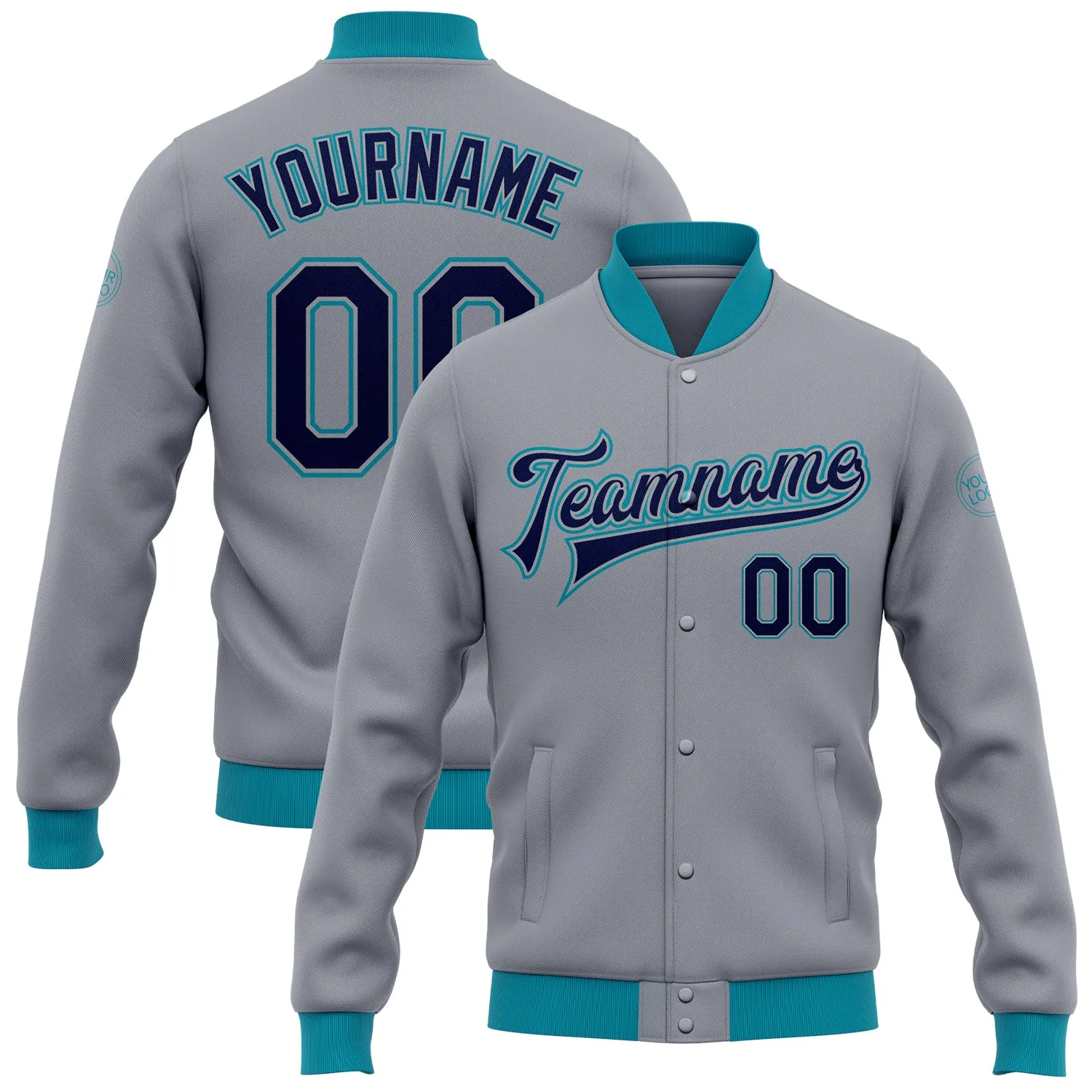 Custom Gray Navy-Teal Bomber Full-Snap Varsity Letterman Jacket