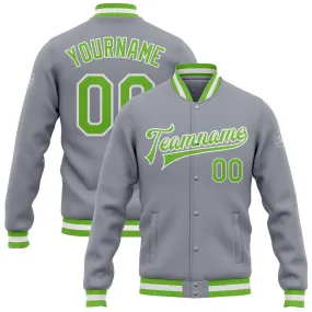 Custom Gray Neon Green-White Bomber Full-Snap Varsity Letterman Jacket