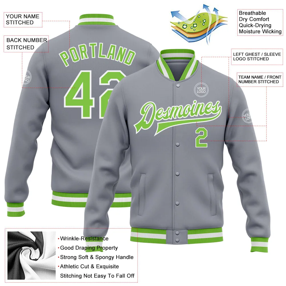 Custom Gray Neon Green-White Bomber Full-Snap Varsity Letterman Jacket