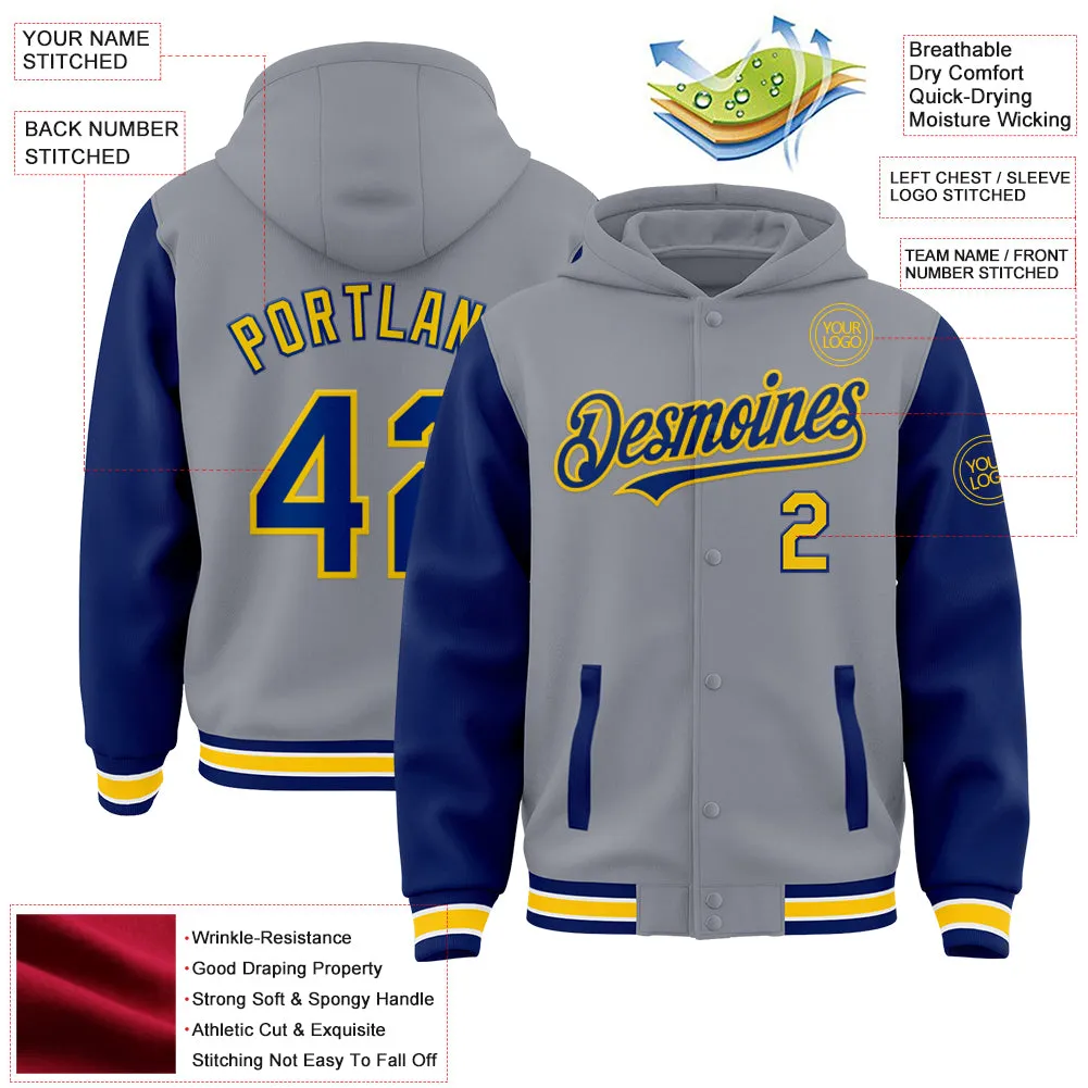 Custom Gray Royal-Yellow Bomber Full-Snap Varsity Letterman Two Tone Hoodie Jacket