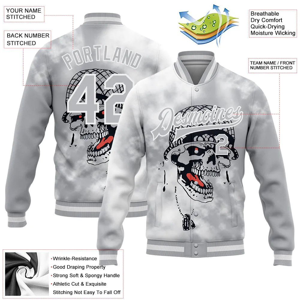 Custom Gray White Skull Fashion 3D Bomber Full-Snap Varsity Letterman Jacket