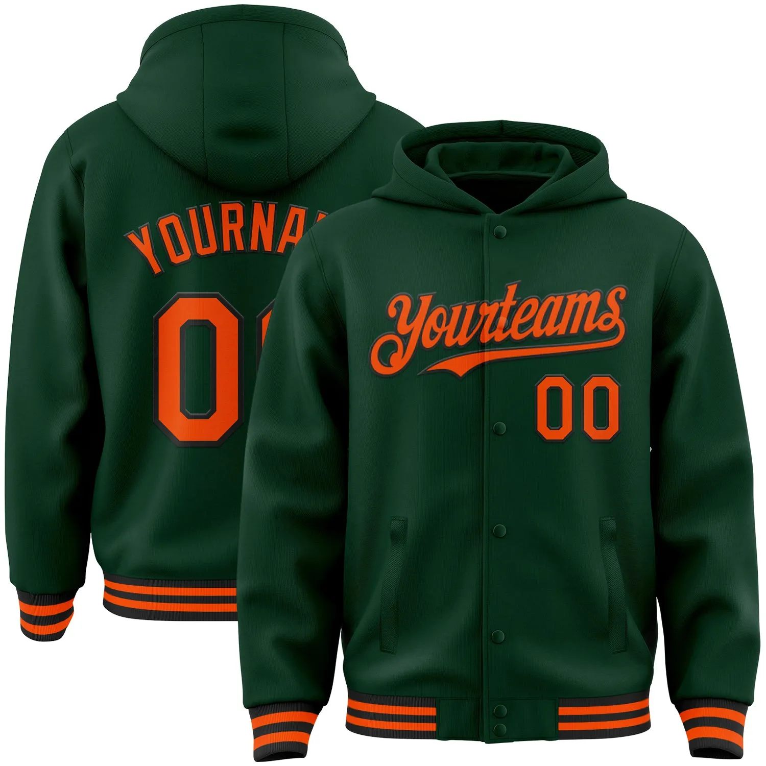 Custom Green Orange-Black Bomber Full-Snap Varsity Letterman Hoodie Jacket