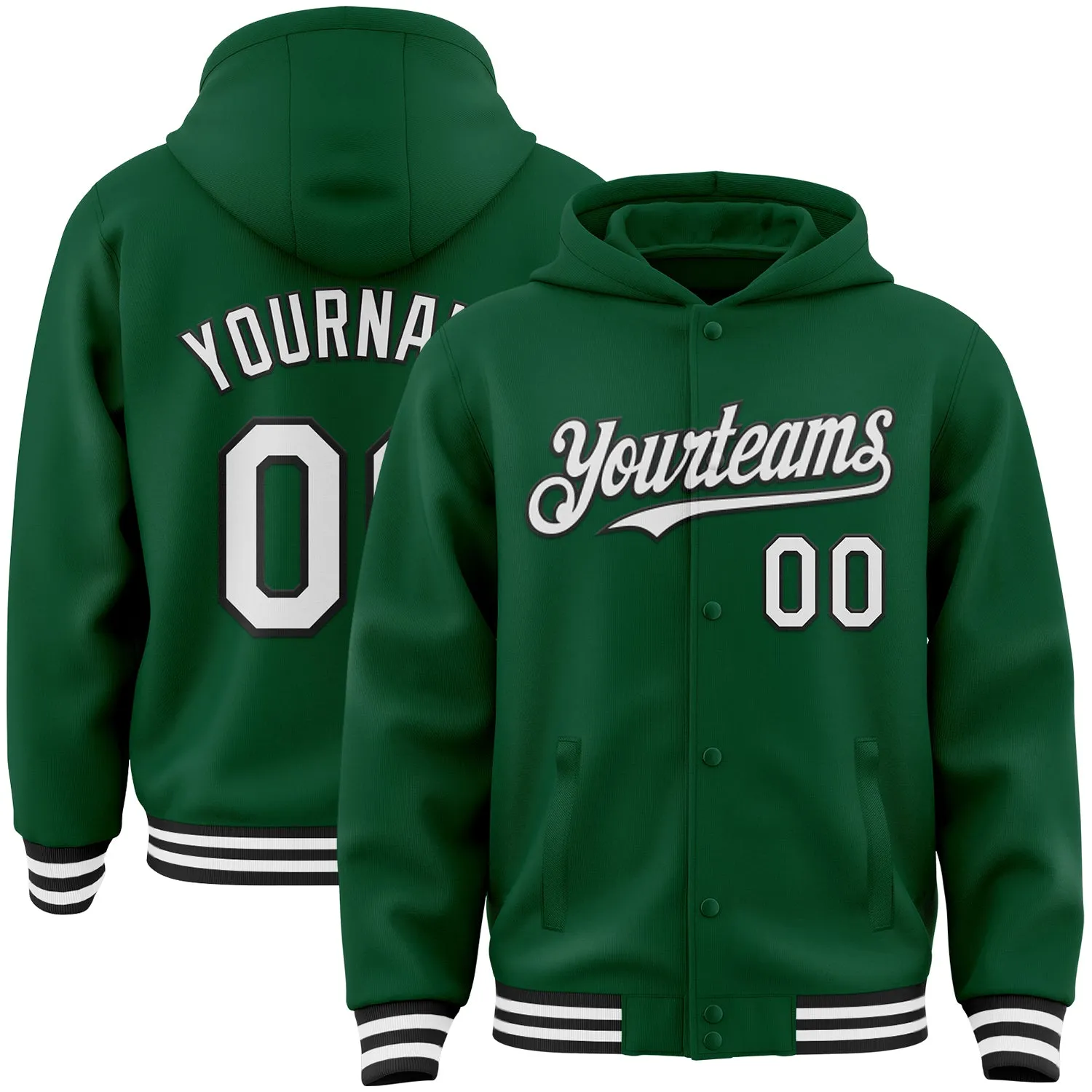 Custom Kelly Green White-Black Bomber Full-Snap Varsity Letterman Hoodie Jacket