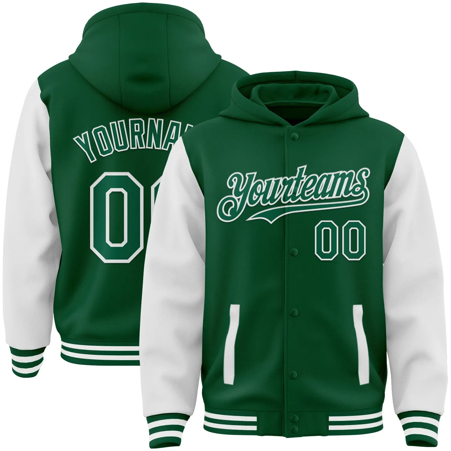 Custom Kelly Green White Bomber Full-Snap Varsity Letterman Two Tone Hoodie Jacket