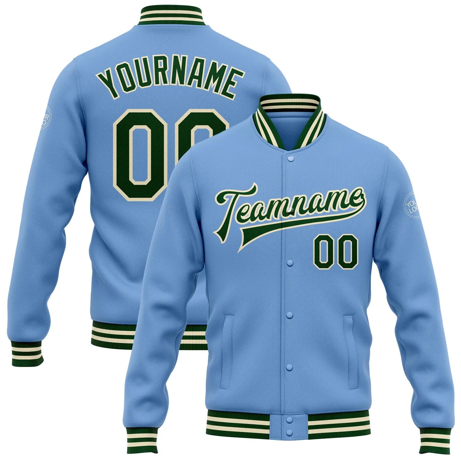 Custom Light Blue Green-Cream Bomber Full-Snap Varsity Letterman Jacket