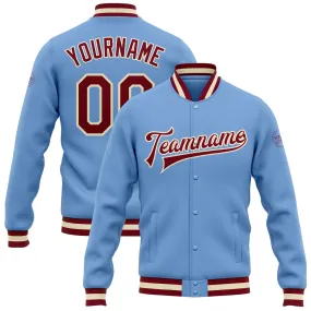 Custom Light Blue Maroon-Cream Bomber Full-Snap Varsity Letterman Jacket