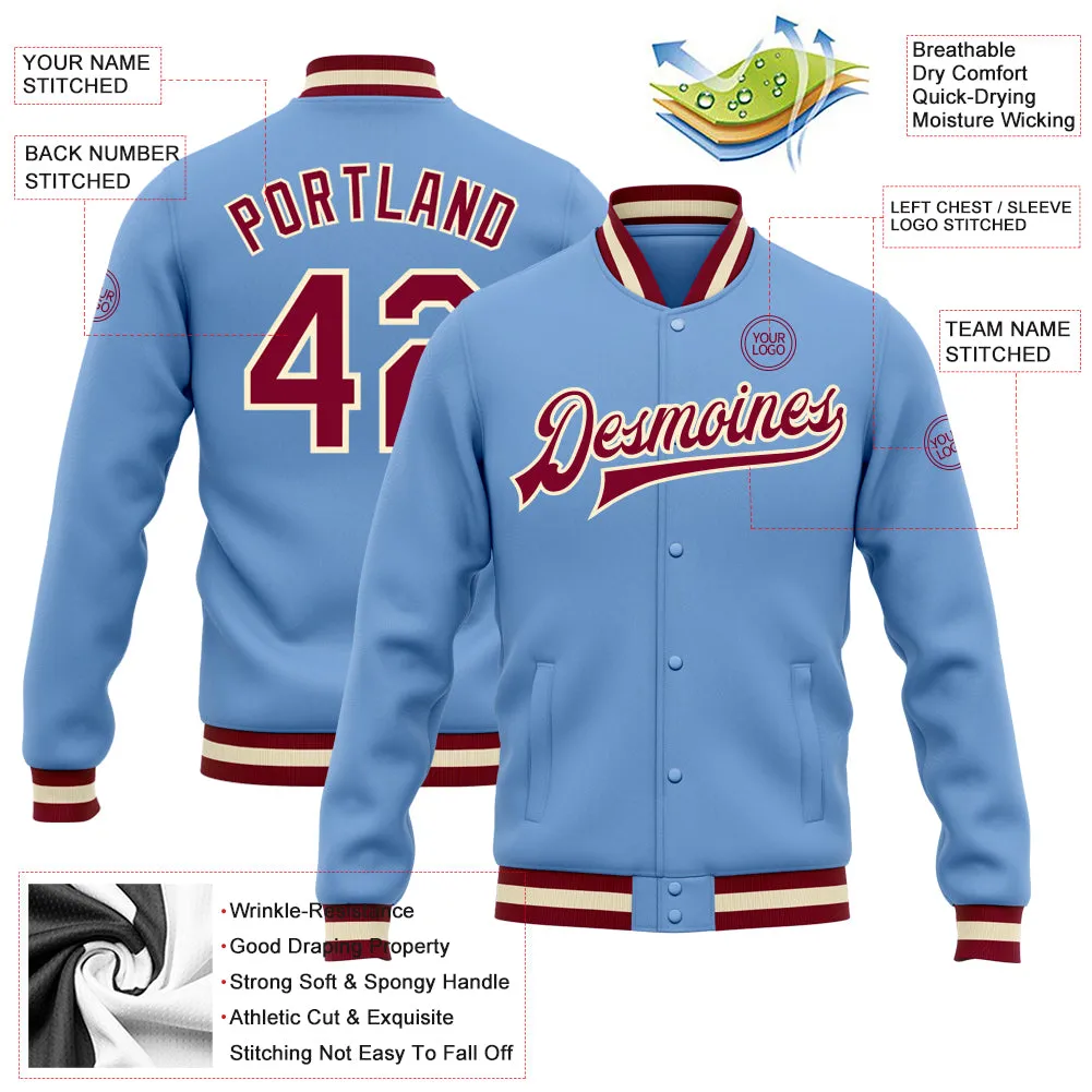 Custom Light Blue Maroon-Cream Bomber Full-Snap Varsity Letterman Jacket