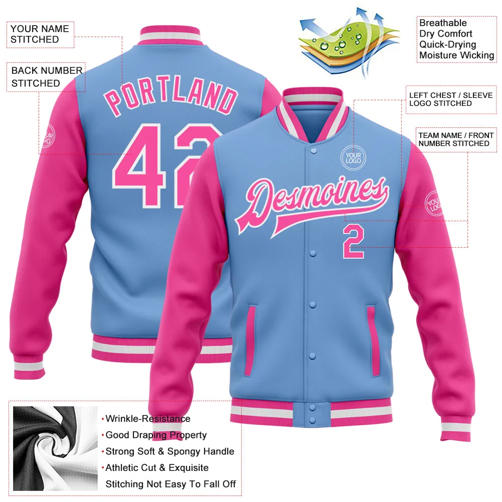 Custom Light Blue Pink-White Bomber Full-Snap Varsity Letterman Two Tone Jacket