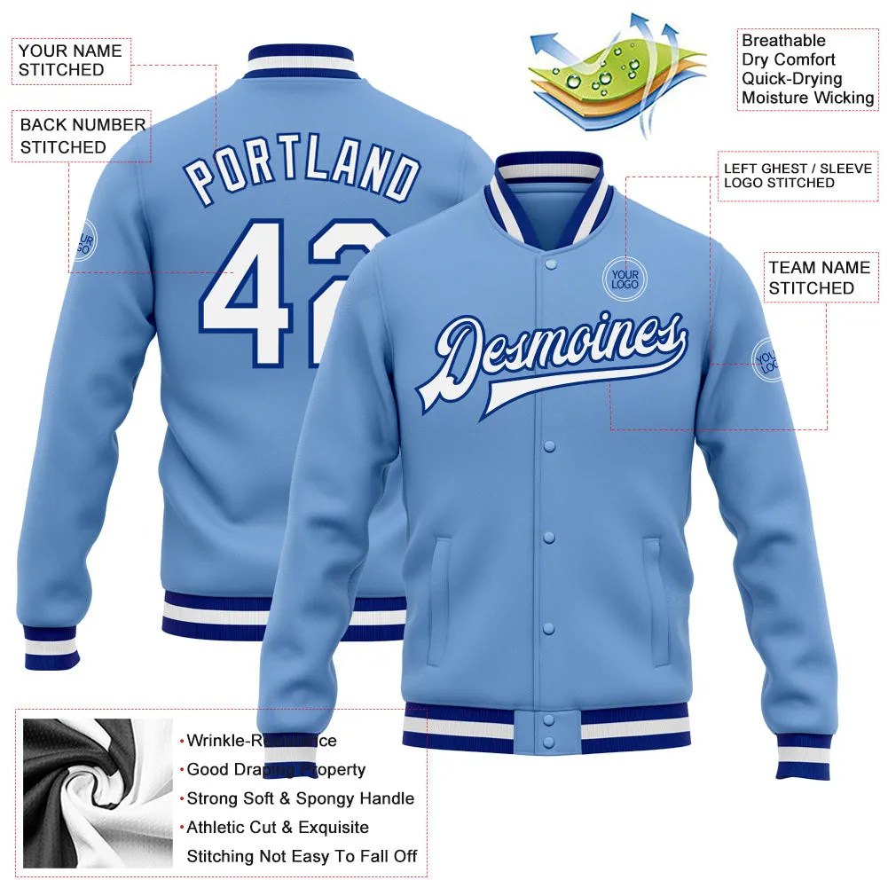 Custom Light Blue White-Royal Bomber Full-Snap Varsity Letterman Jacket