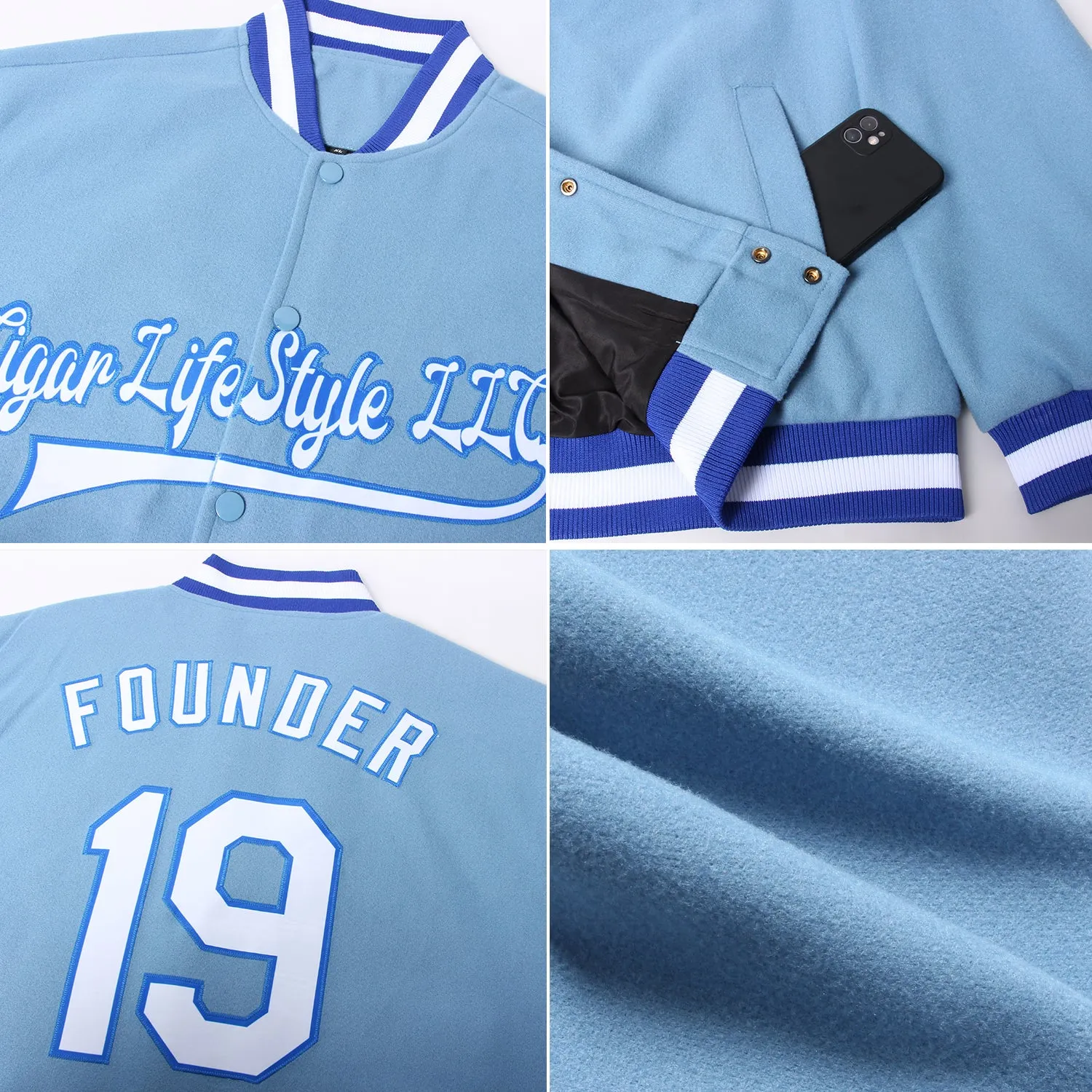 Custom Light Blue White-Royal Bomber Full-Snap Varsity Letterman Jacket