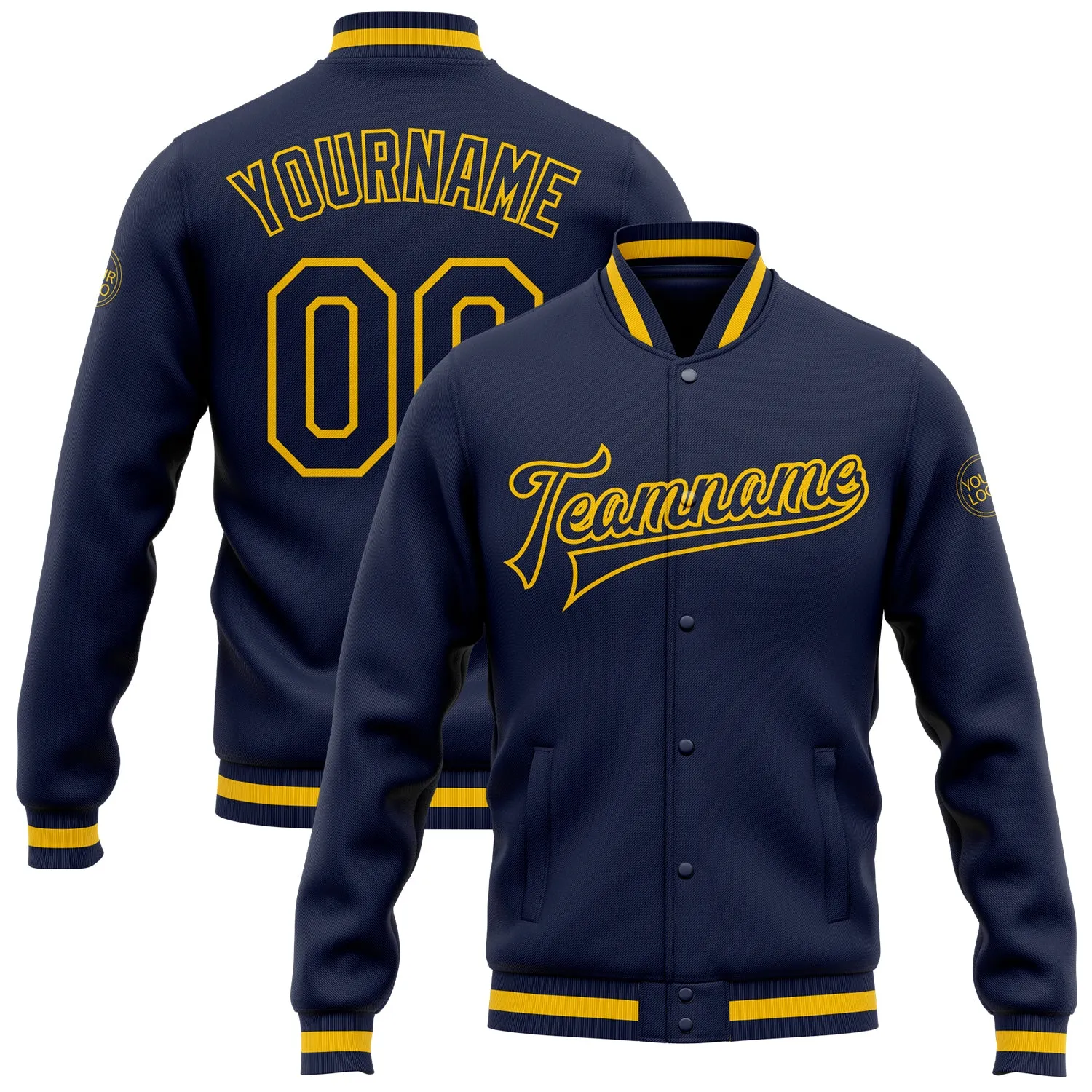 Custom Navy Navy-Gold Bomber Full-Snap Varsity Letterman Jacket