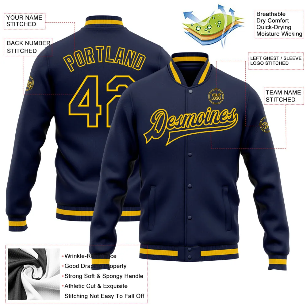 Custom Navy Navy-Gold Bomber Full-Snap Varsity Letterman Jacket