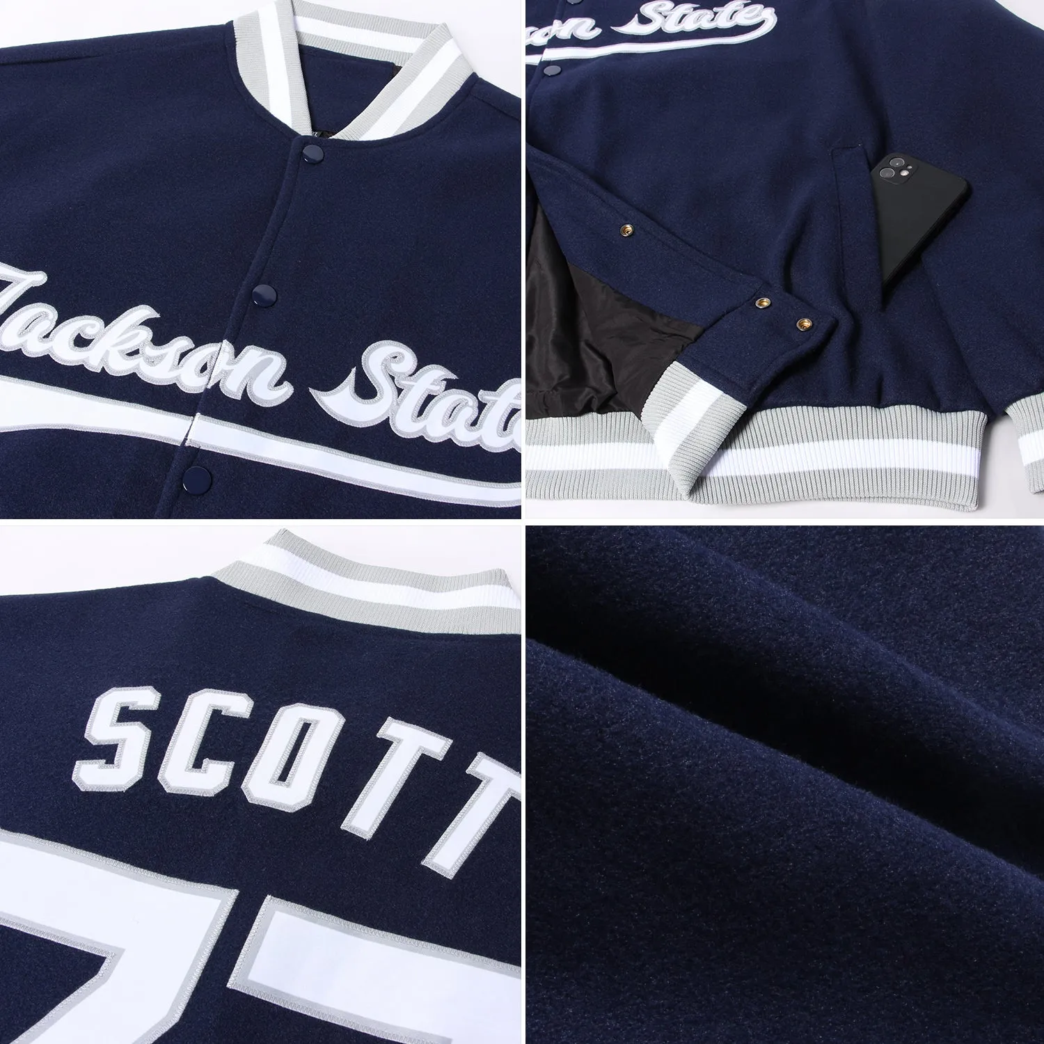 Custom Navy White-Gray Bomber Full-Snap Varsity Letterman Jacket