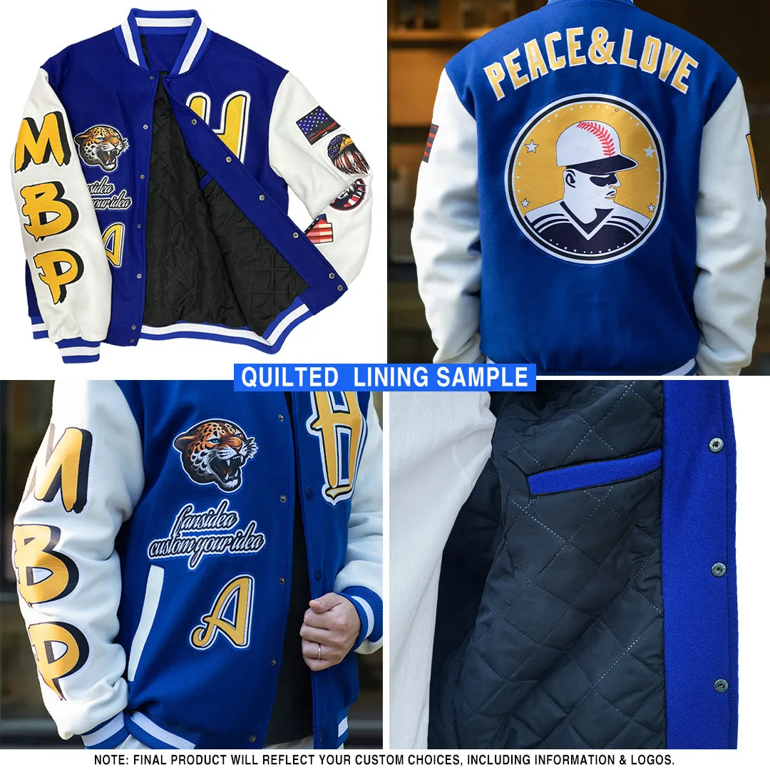 Custom Navy White-Gray Bomber Full-Snap Varsity Letterman Jacket