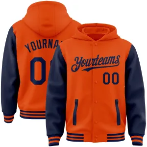 Custom Orange Navy Bomber Full-Snap Varsity Letterman Two Tone Hoodie Jacket