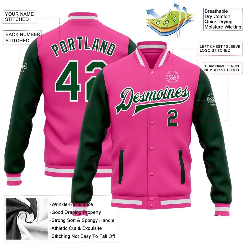 Custom Pink Green-White Bomber Full-Snap Varsity Letterman Two Tone Jacket