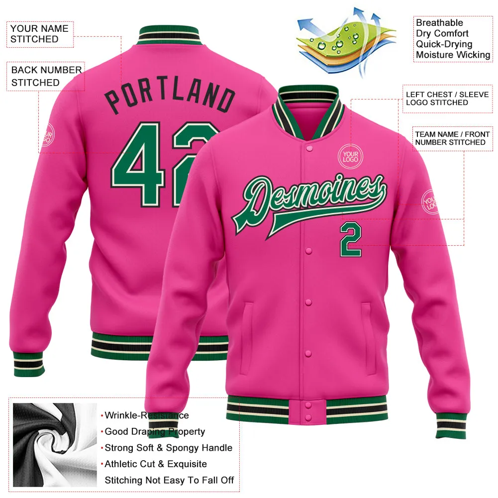 Custom Pink Kelly Green Cream-Black Bomber Full-Snap Varsity Letterman Jacket