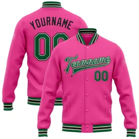 Custom Pink Kelly Green Cream-Black Bomber Full-Snap Varsity Letterman Jacket