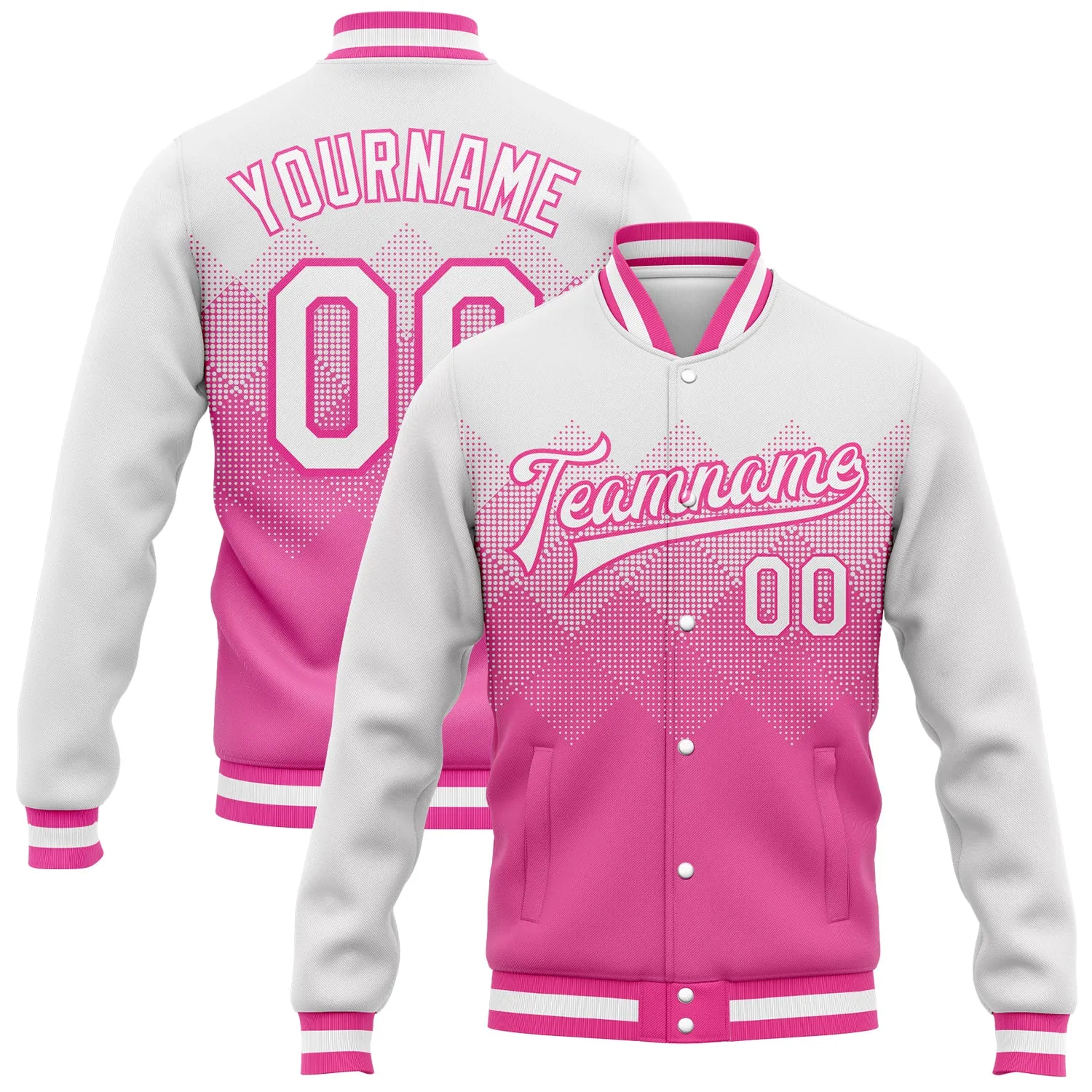 Custom Pink White 3D Pattern Design Bomber Full-Snap Varsity Letterman Jacket