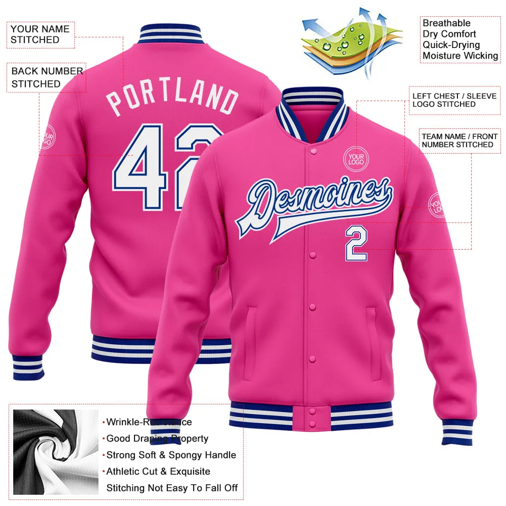 Custom Pink White-Royal Bomber Full-Snap Varsity Letterman Jacket