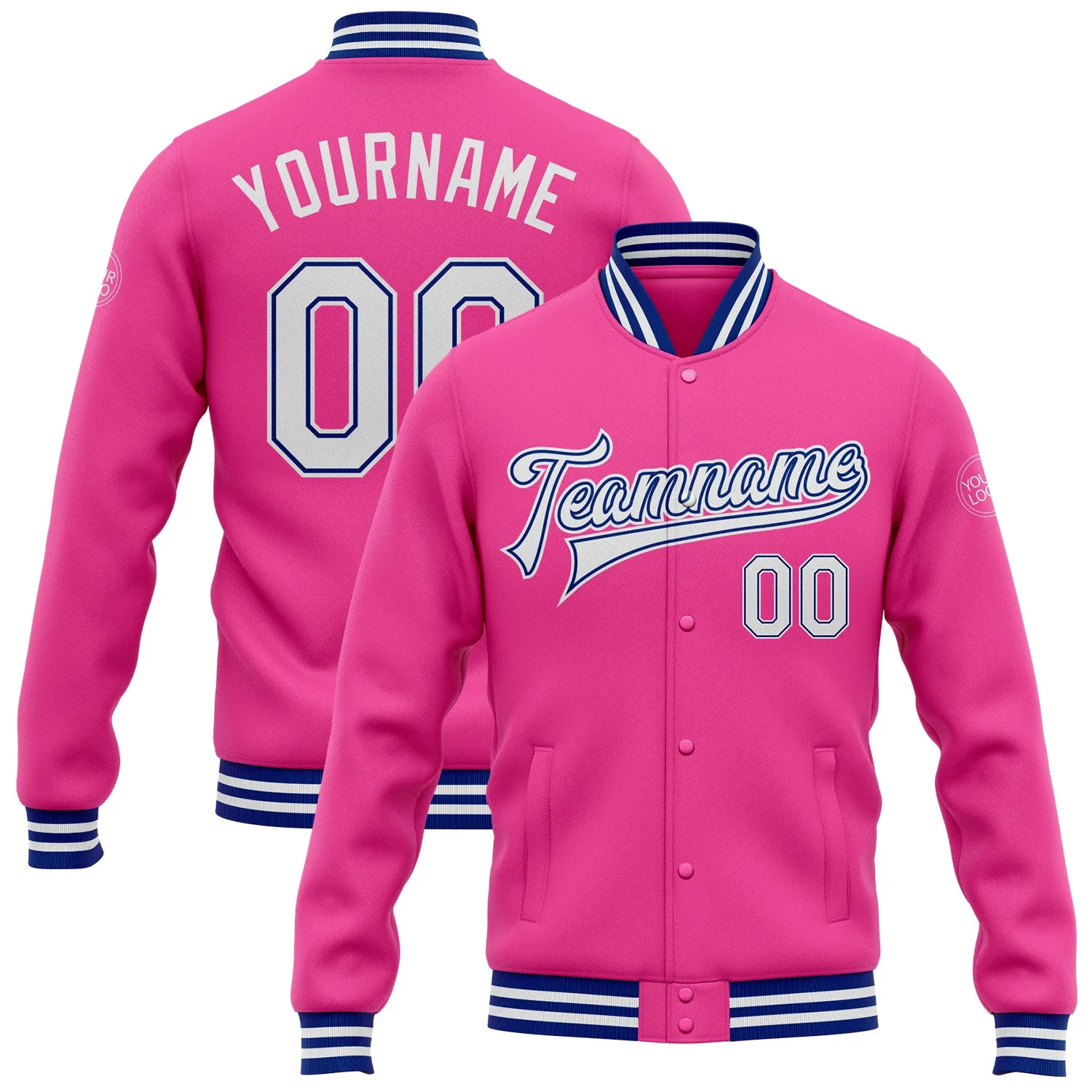 Custom Pink White-Royal Bomber Full-Snap Varsity Letterman Jacket