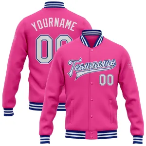 Custom Pink White-Royal Bomber Full-Snap Varsity Letterman Jacket