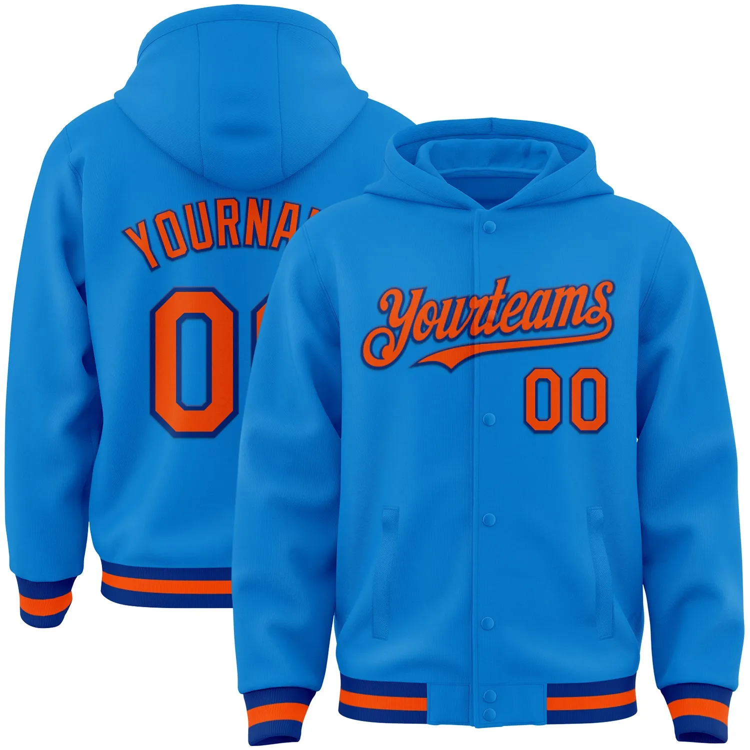 Custom Powder Blue Orange-Royal Bomber Full-Snap Varsity Letterman Hoodie Jacket