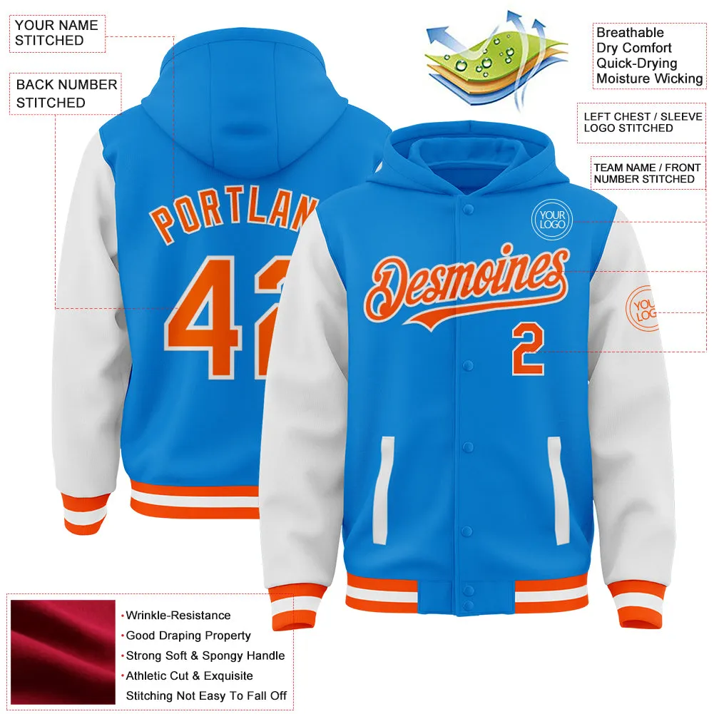 Custom Powder Blue Orange-White Bomber Full-Snap Varsity Letterman Two Tone Hoodie Jacket