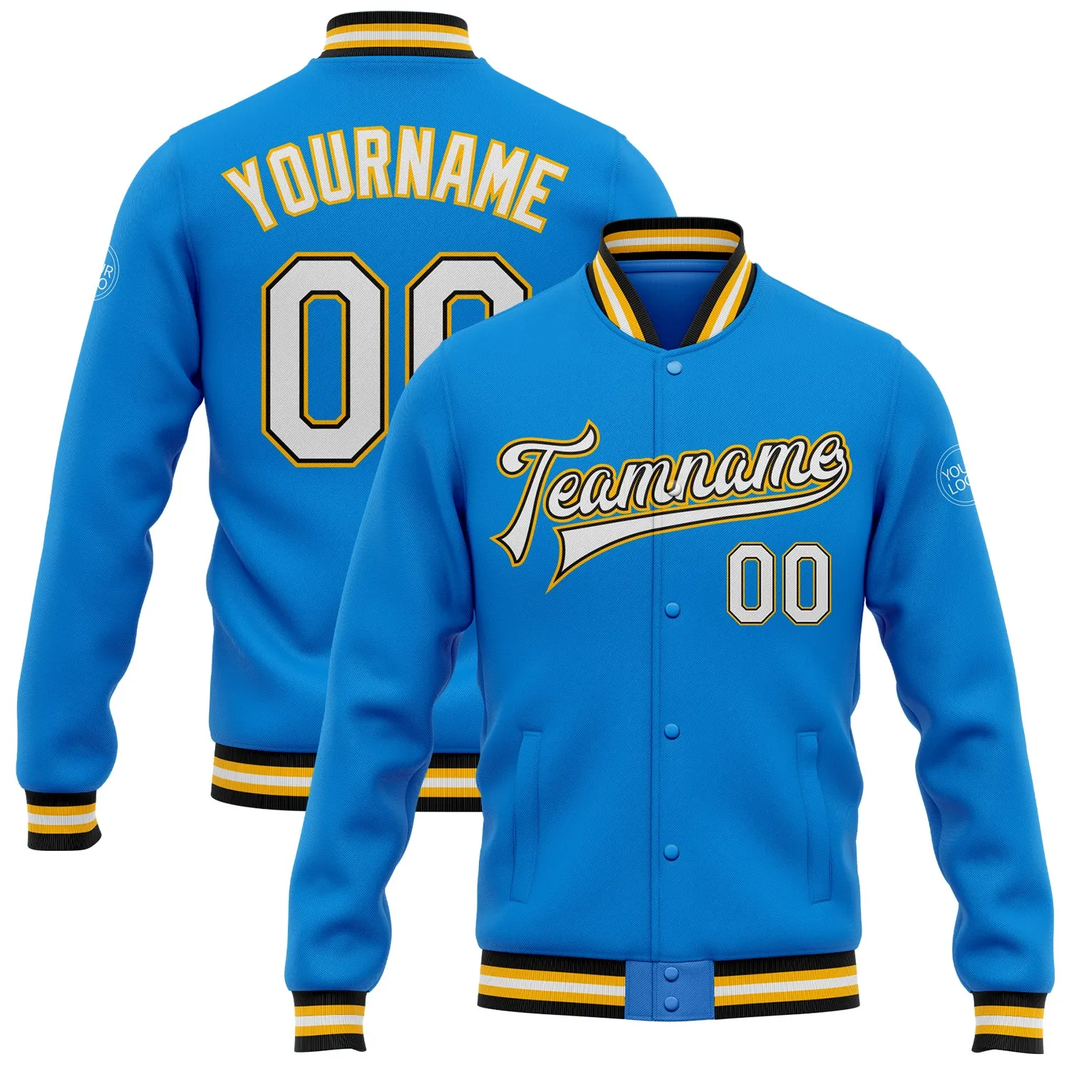 Custom Powder Blue White Black-Gold Bomber Full-Snap Varsity Letterman Jacket