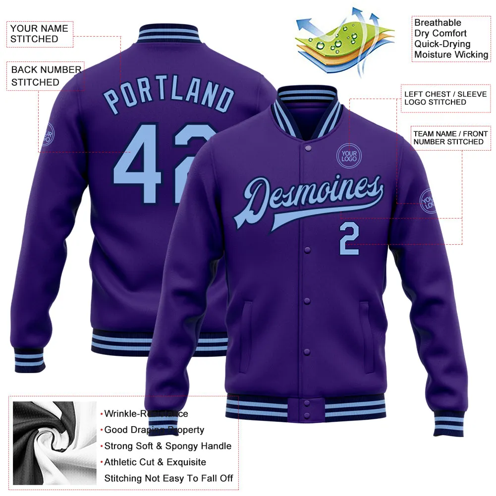 Custom Purple Light Blue-Navy Bomber Full-Snap Varsity Letterman Jacket